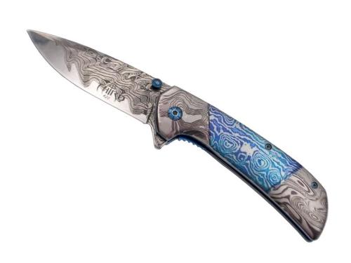 Couteau Third acier 3D décoré damas bleu/gris 11.5cm inox